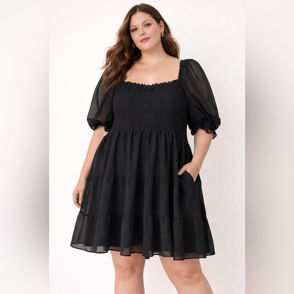 Chic Soul Dresses & Skirts - Chic Soul Black Square-Neck Puff-Sleeve Tiered Dress